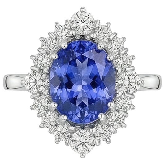 Tanzanite a taglio ovale con diamanti rotondi 5.20 ct Anello in oro bianco 14K