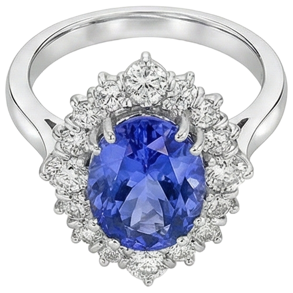 Tanzanite a taglio ovale con diamanti rotondi 5.20 ct Anello in oro bianco 14K
