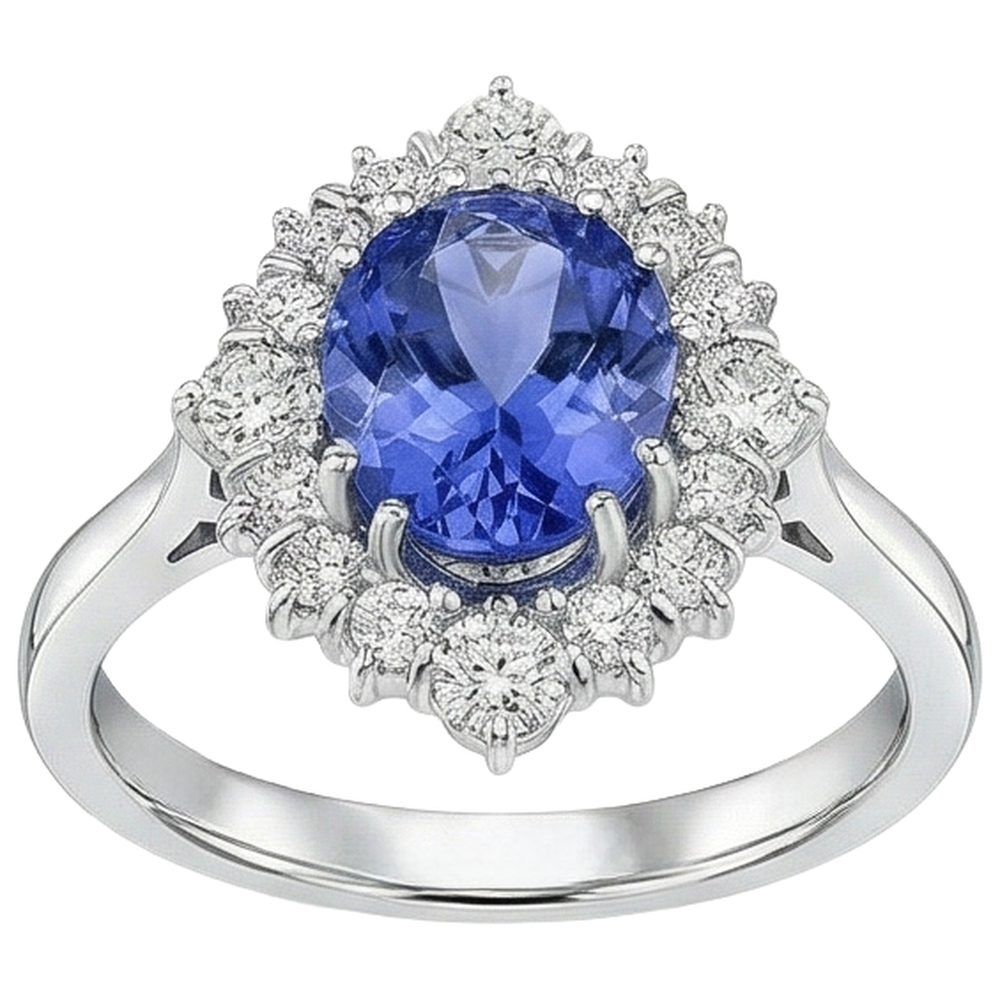 Tanzanite a taglio ovale con diamanti rotondi 5.20 ct Anello in oro bianco 14K