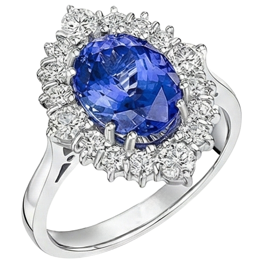 Tanzanite a taglio ovale con diamanti rotondi 5.20 ct Anello in oro bianco 14K