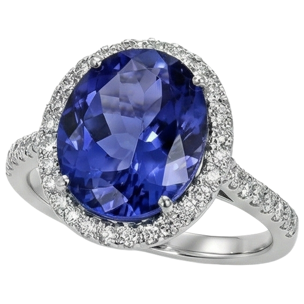 Tanzanite blu taglio ovale da 2.15 ct con anello di diamanti. gioielleria raffinata in oro