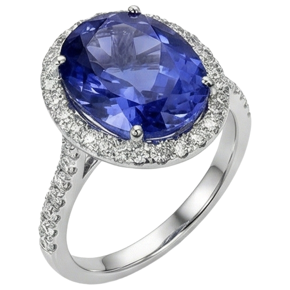 Tanzanite blu taglio ovale da 2.15 ct con anello di diamanti. gioielleria raffinata in oro