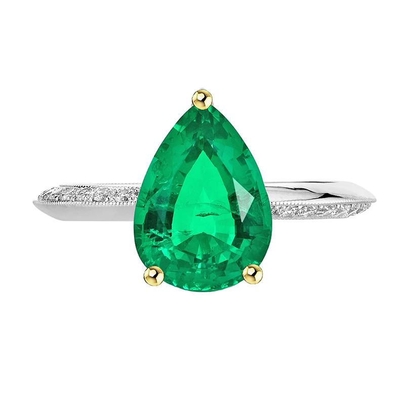 Smeraldo Colombiano Goccia Anello con Pietra Preziosa in Oro Due Toni 14K – vista principale