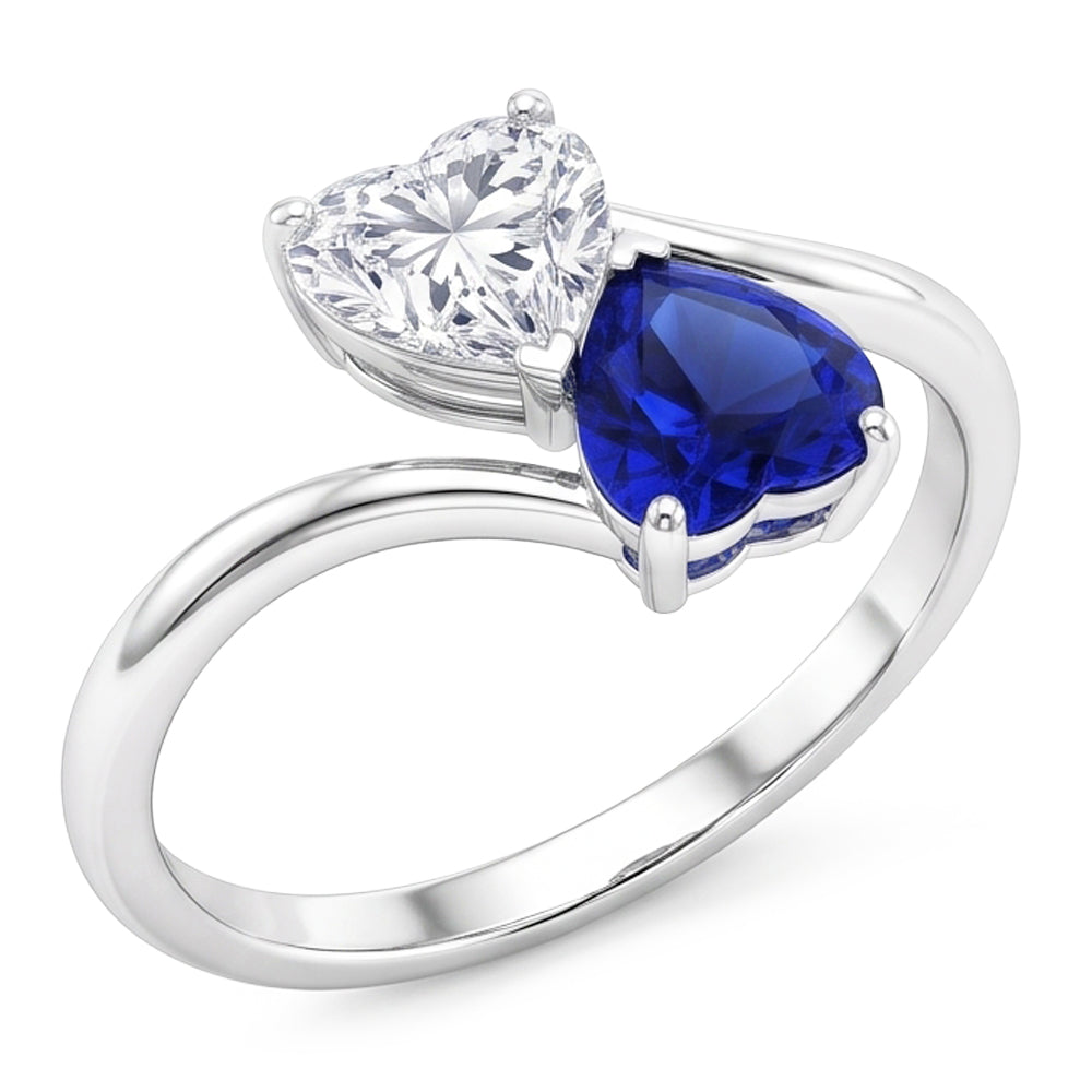 Toi et Moi Anello 3 Cuore Blu Zaffiro e Diamante Naturale Autentico ( non creato in laboratorio ) Carati 2 Gioielli in Pietra