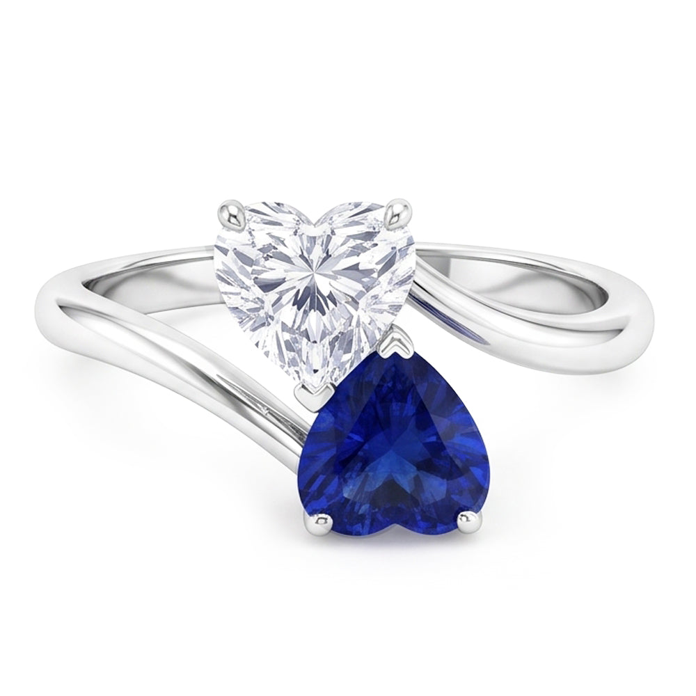 Toi et Moi Anello 3 Cuore Blu Zaffiro e Diamante Naturale Autentico ( non creato in laboratorio ) Carati 2 Gioielli in Pietra