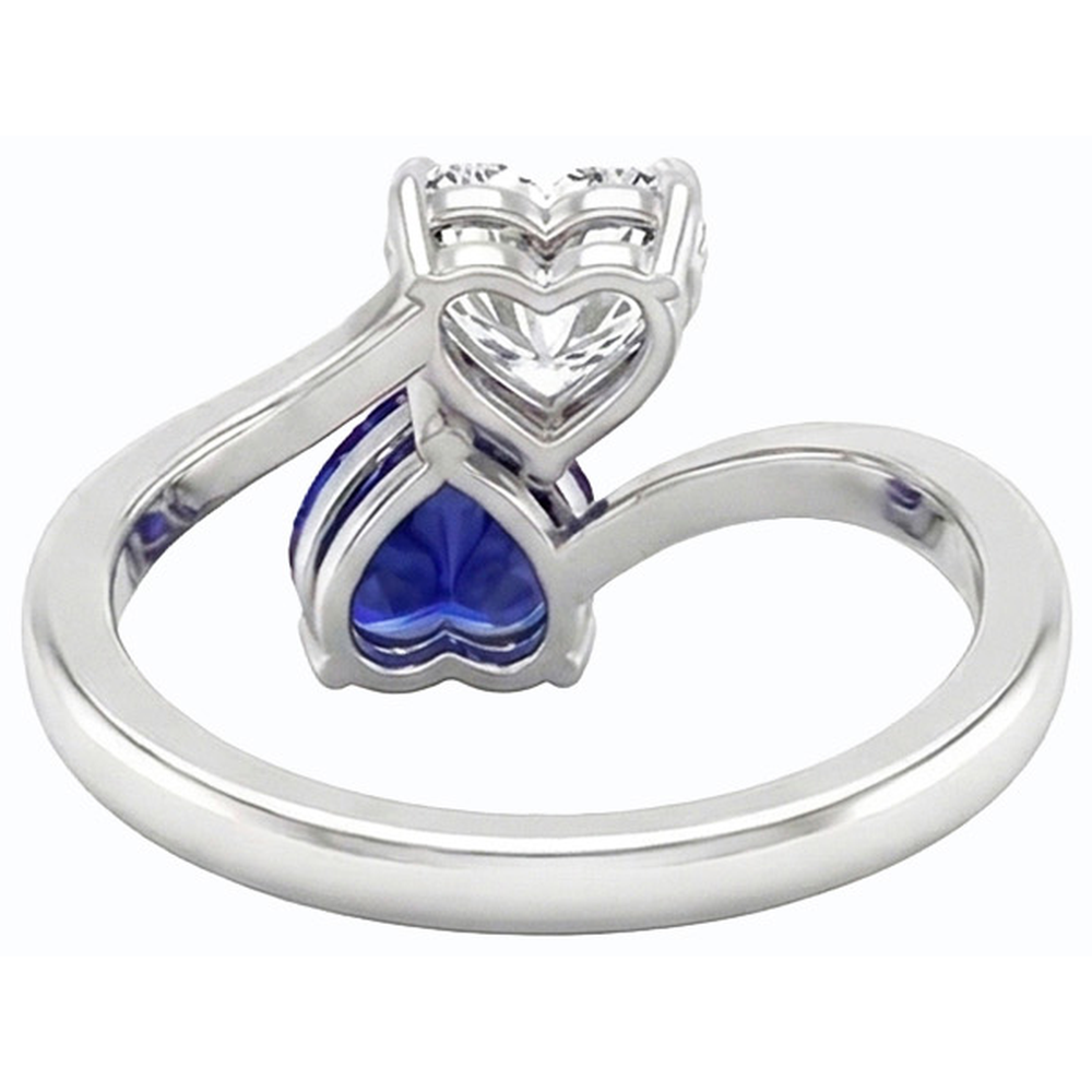 Toi et Moi Anello 3 Cuore Blu Zaffiro e Diamante Naturale Autentico ( non creato in laboratorio ) Carati 2 Gioielli in Pietra