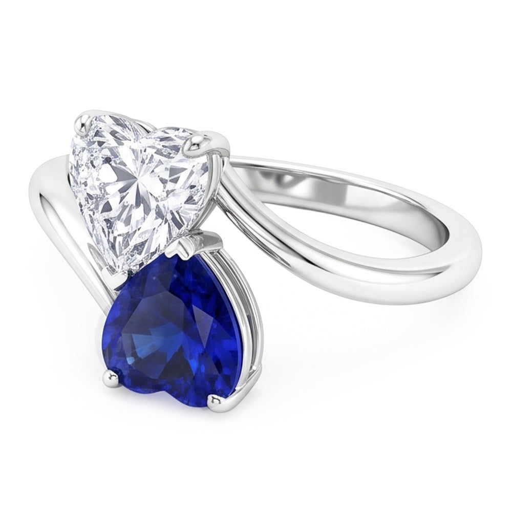 Toi et Moi Anello 3 Cuore Blu Zaffiro e Diamante Naturale Autentico ( non creato in laboratorio ) Carati 2 Gioielli in Pietra