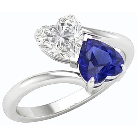 Toi et Moi Anello 3 Cuore Blu Zaffiro e Diamante Naturale Autentico ( non creato in laboratorio ) Carati 2 Gioielli in Pietra