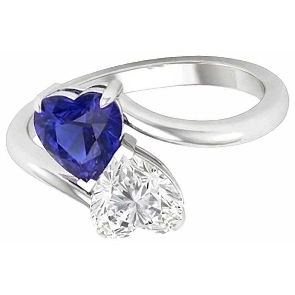 Toi et Moi Anello 3 Cuore Blu Zaffiro e Diamante Naturale Autentico ( non creato in laboratorio ) Carati 2 Gioielli in Pietra