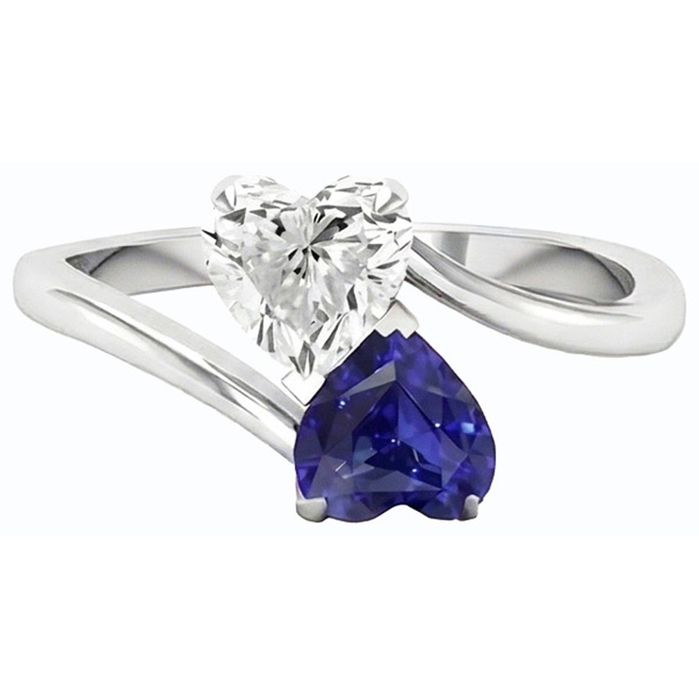 Toi et Moi Anello 3 Cuore Blu Zaffiro e Diamante Naturale Autentico ( non creato in laboratorio ) Carati 2 Gioielli in Pietra