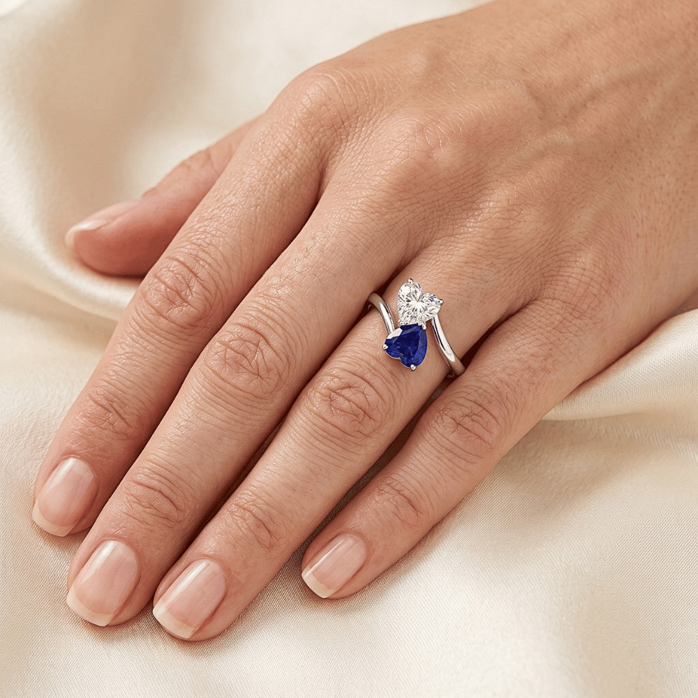 Toi et Moi Anello 3 Cuore Blu Zaffiro e Diamante Naturale Autentico ( non creato in laboratorio ) Carati 2 Gioielli in Pietra