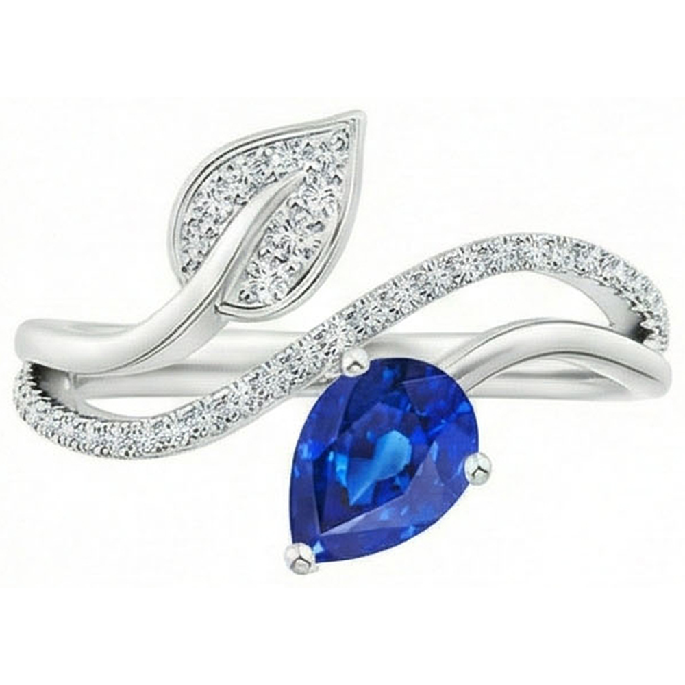 Toi et Moi Anello Donna Diamante Pera Blu Zaffiro 4 Carati Stile Foglia