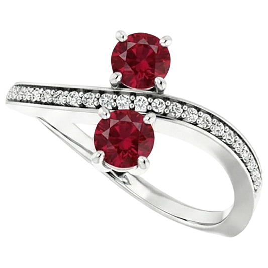 Toi et Moi Anello Rubino Burmese Diamante Naturale Autentico ( non creato in laboratorio ) Rotondo 1.50 Carati con Oro Bianco 14K