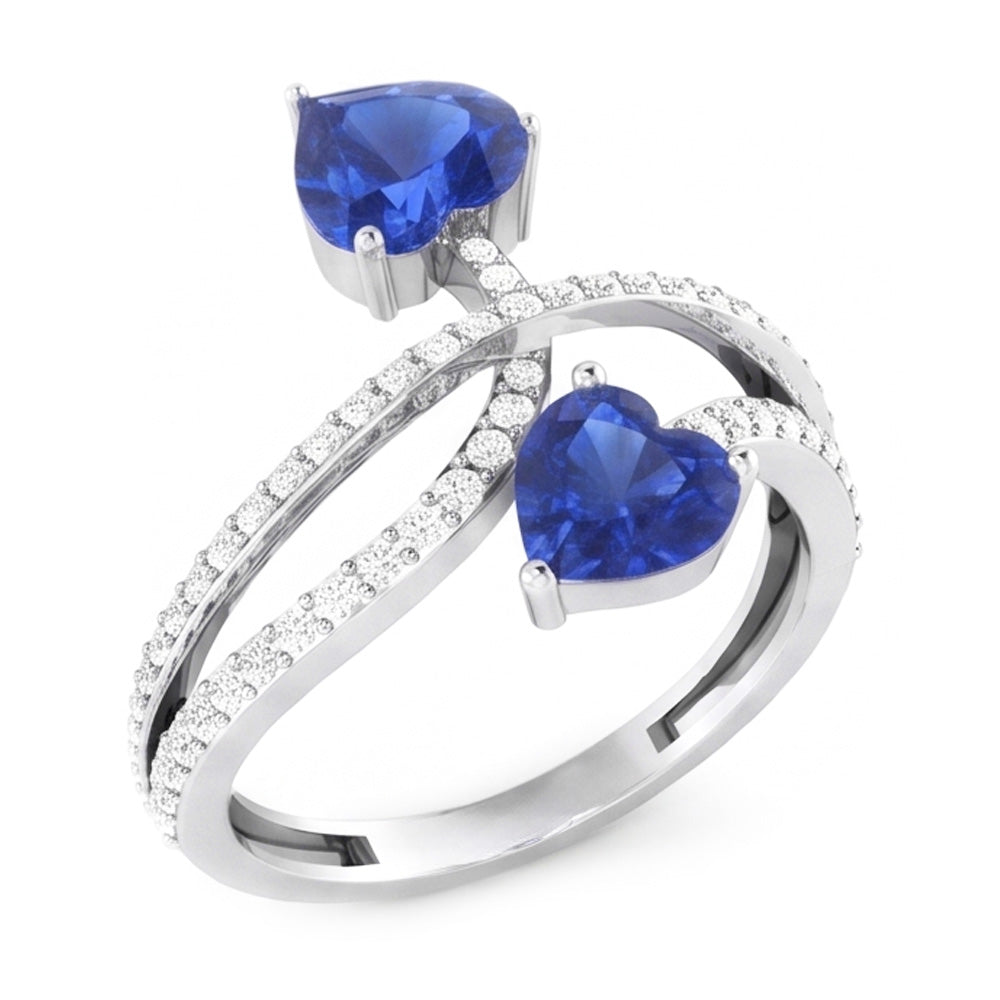 Toi et Moi Anello a cuore con diamanti e zaffiro blu con gambo intrecciato 3,50 carati con oro bianco 14K