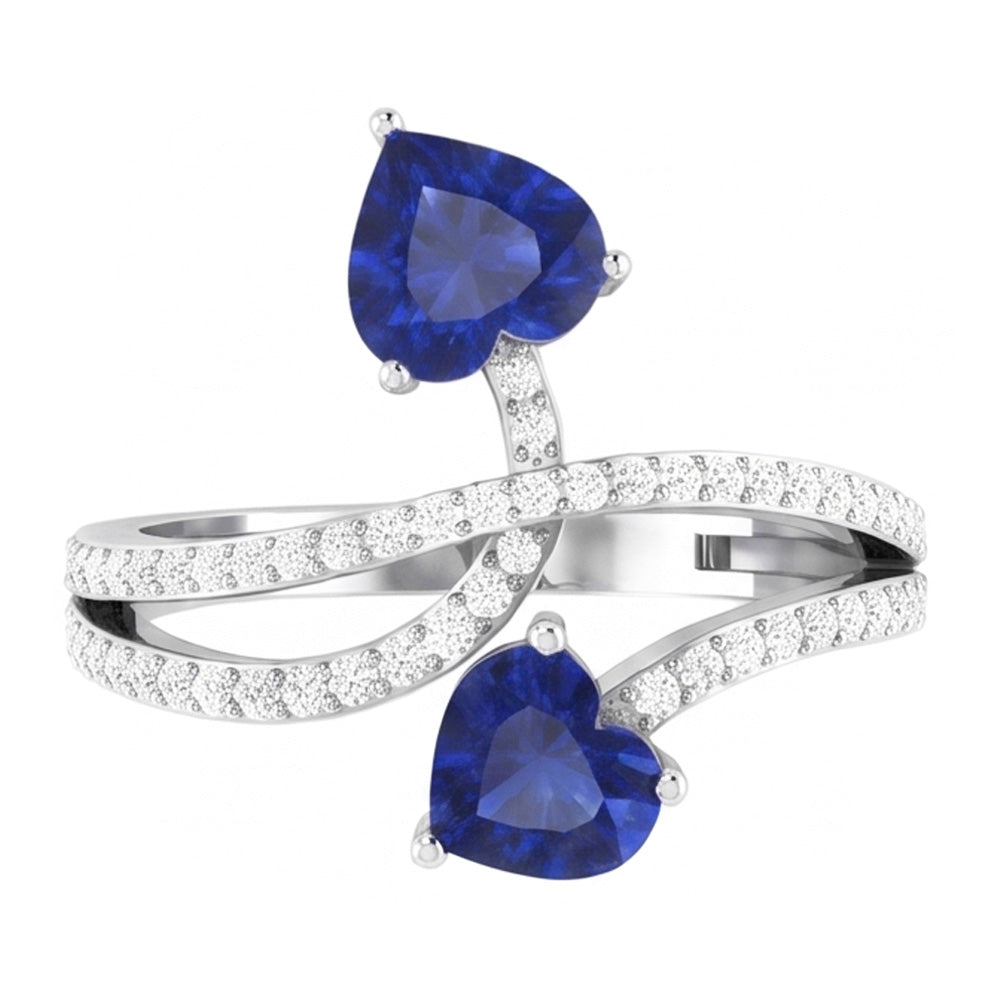 Toi et Moi Anello a cuore con diamanti e zaffiro blu con gambo intrecciato 3,50 carati con oro bianco 14K
