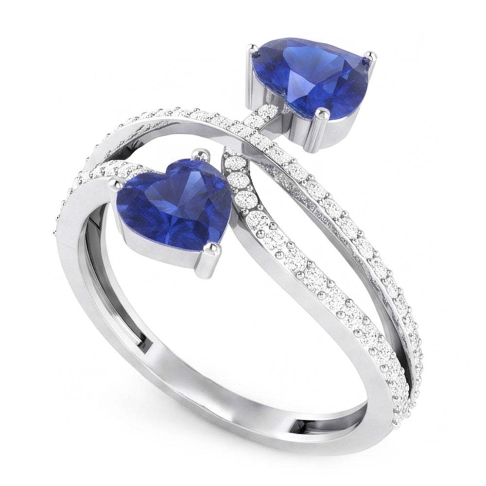 Toi et Moi Anello a cuore con diamanti e zaffiro blu con gambo intrecciato 3,50 carati con oro bianco 14K
