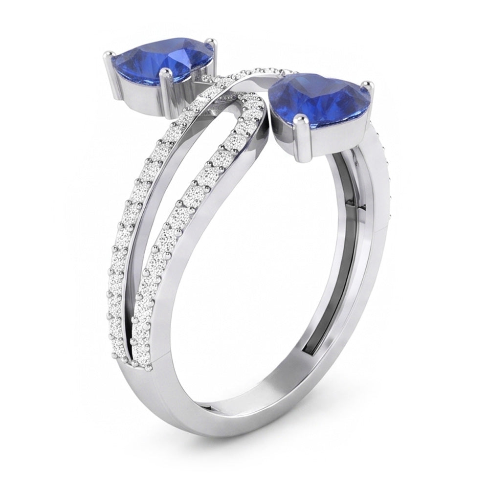 Toi et Moi Anello a cuore con diamanti e zaffiro blu con gambo intrecciato 3,50 carati con oro bianco 14K