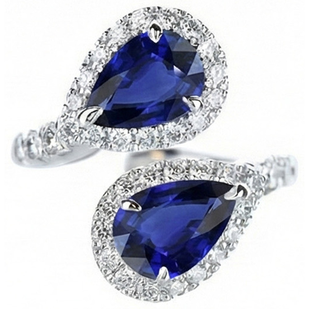 Toi et Moi Halo Anello Pera Zaffiri Ceylon & Diamanti Naturali Autentici ( non creati in laboratorio ) 5.50 Carati Oro