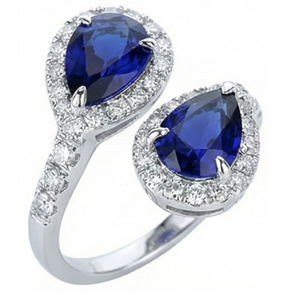 Toi et Moi Halo Anello Pera Zaffiri Ceylon & Diamanti Naturali Autentici ( non creati in laboratorio ) 5.50 Carati Oro