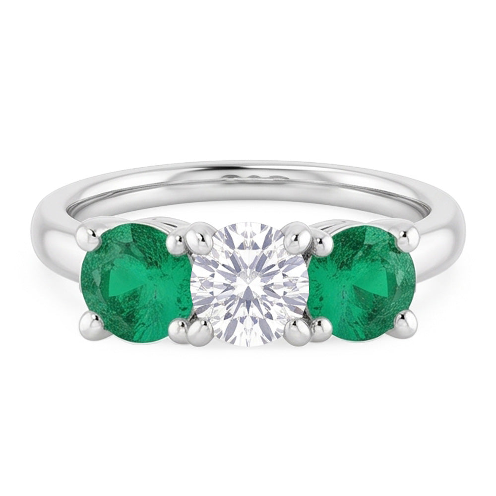 Tre pietre diamante smeraldo anello 2.40 carati oro bianco 14k