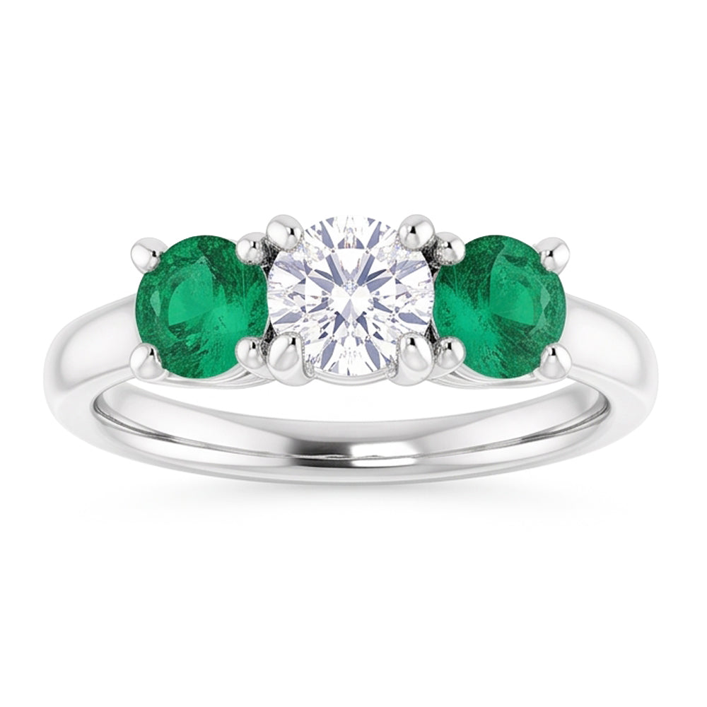 Tre pietre diamante smeraldo anello 2.40 carati oro bianco 14k