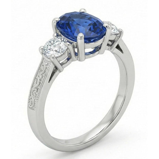 Tre anelli ovali in pietra con zaffiro dello Sri Lanka e diamanti da 1,50 carati Oro bianco 14K