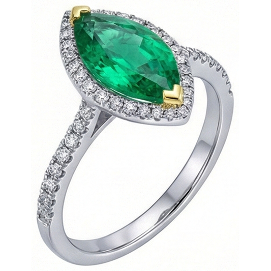 Marquise Smeraldo Colombiano anello in Oro Bicolore 14K – vista frontale