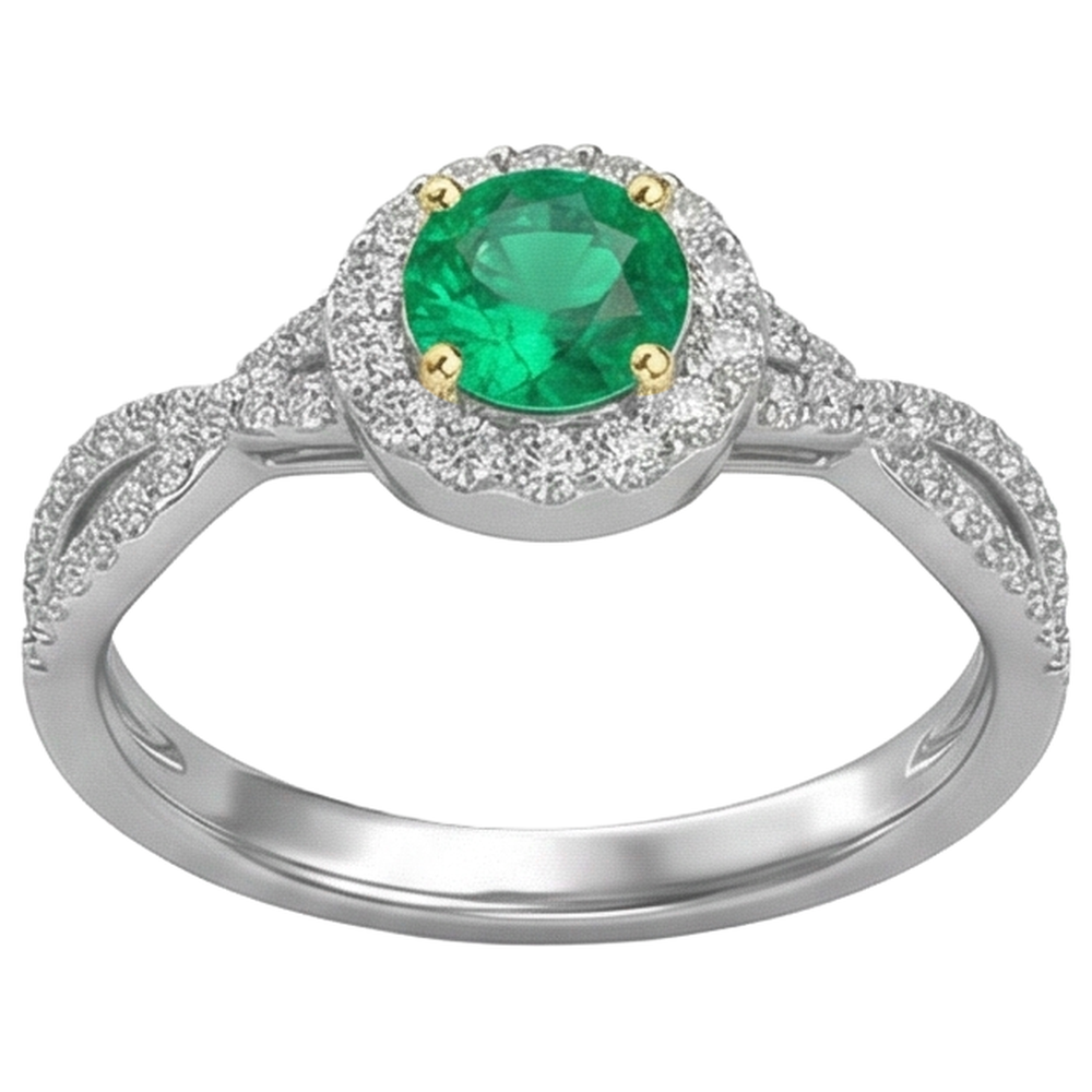 Smeraldo Colombiano Taglio Brillante Anello con Pietra Preziosa in Oro Due Toni 14K – vista angolare