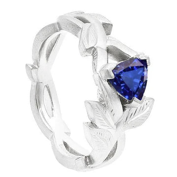 Trillion Blue Sapphire Anello solitario da donna stile foglia 1 carato con oro bianco 14K