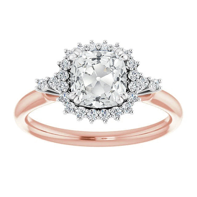 Diamante Cuscino Anello con Pavé Halo in Oro 14 Carati Bicolore – vista principale