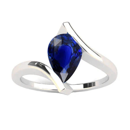 Goccia Zaffiro Blu Fiordaliso anello in Oro Bianco 14K – vista laterale