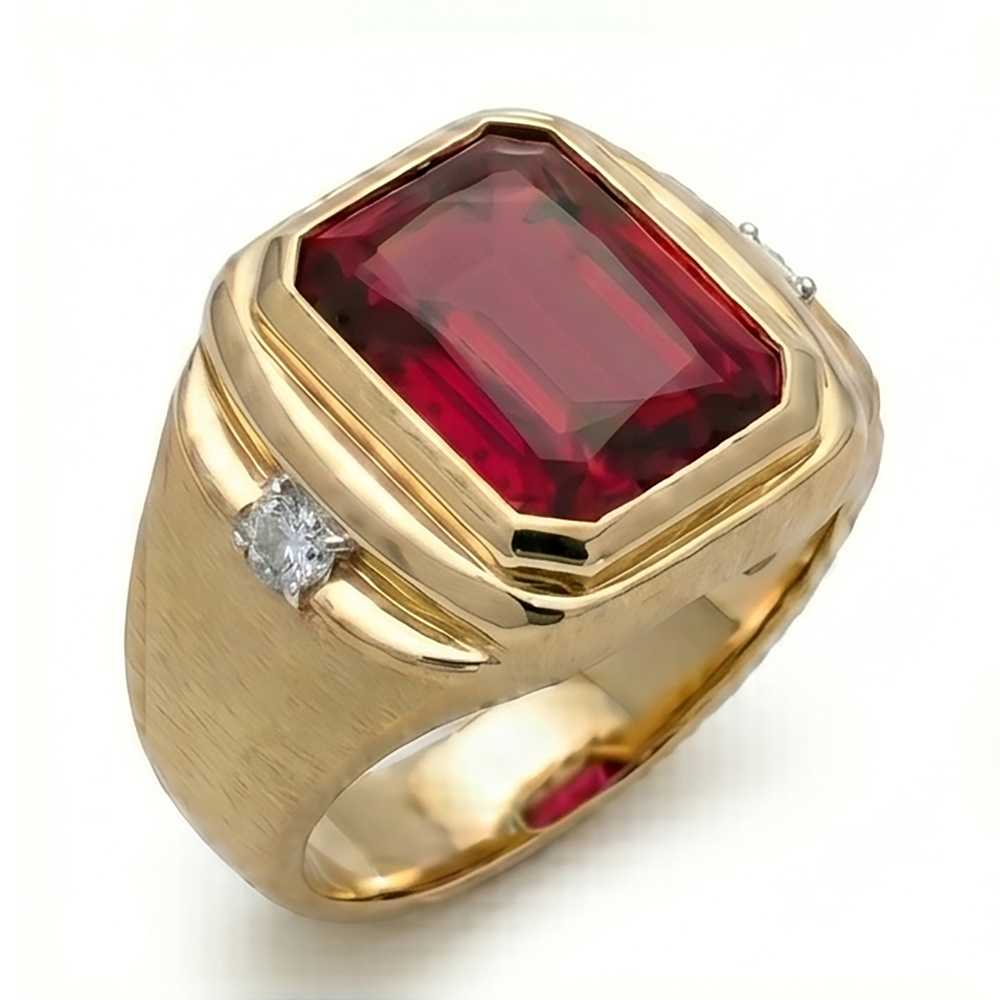 Uomo 10K Yellow Gold Rubino Sangue di Piccione Anello Maschile