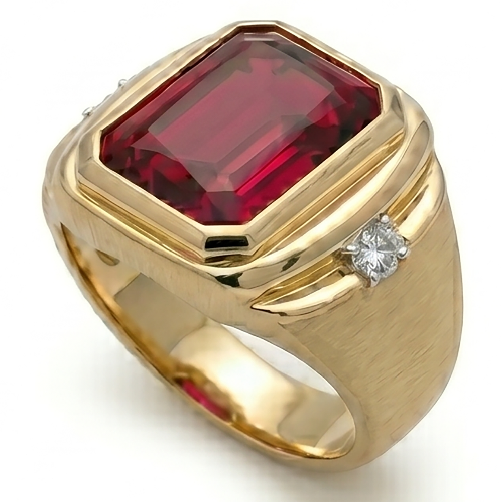 Uomo 10K Yellow Gold Rubino Sangue di Piccione Anello Maschile