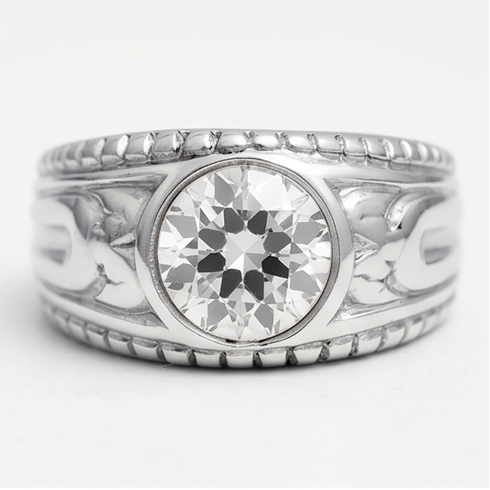 Uomo Artigianale Anello Maschile con Diamante Fine Taglio Old