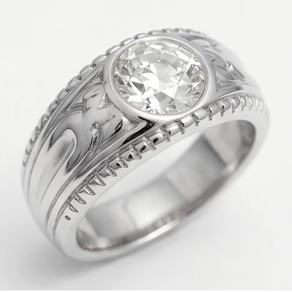 Uomo Artigianale Anello Maschile con Diamante Fine Taglio Old