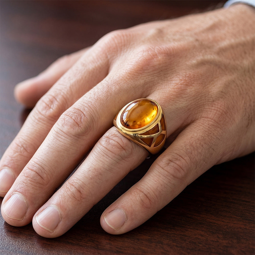 Uomo Citrino Anello con Gemma – Taglio Cabochon 10 carati Oro