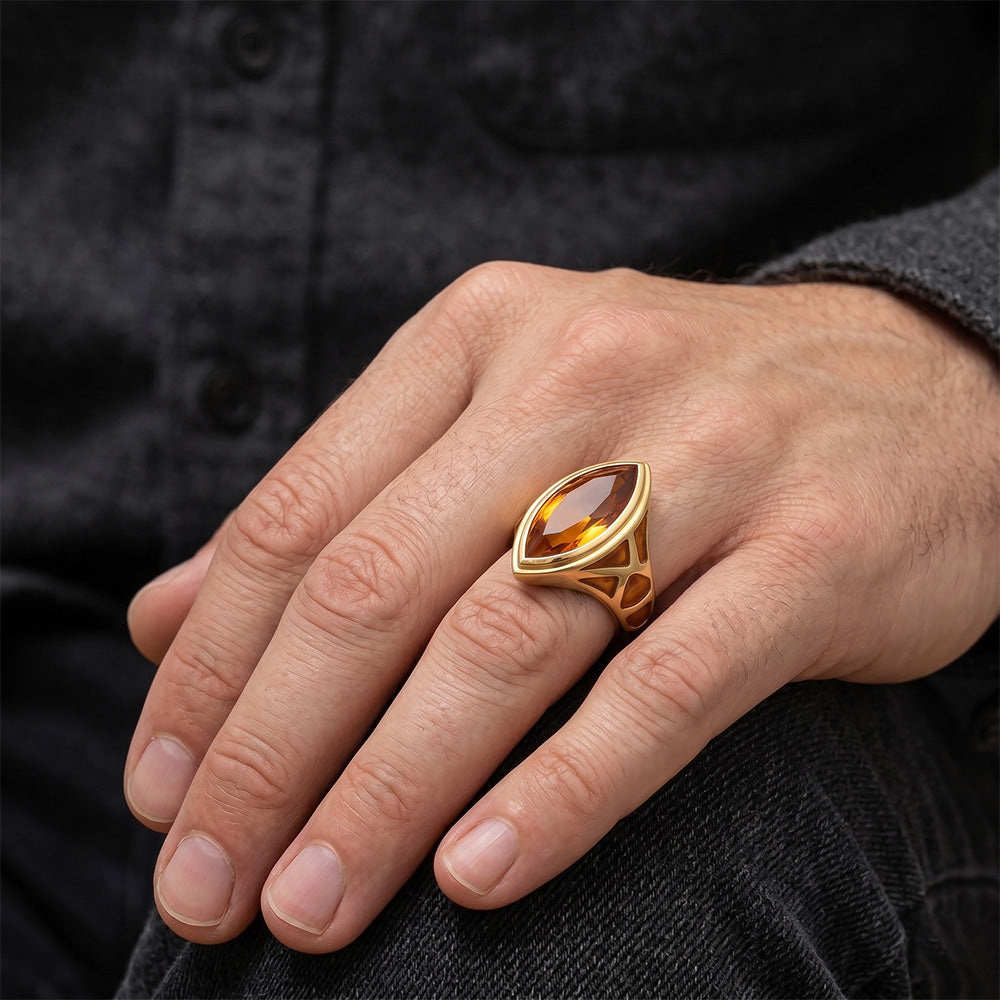Uomo Citrino Dorato Anello con Gemma – Oro Giallo 14K 11 carati