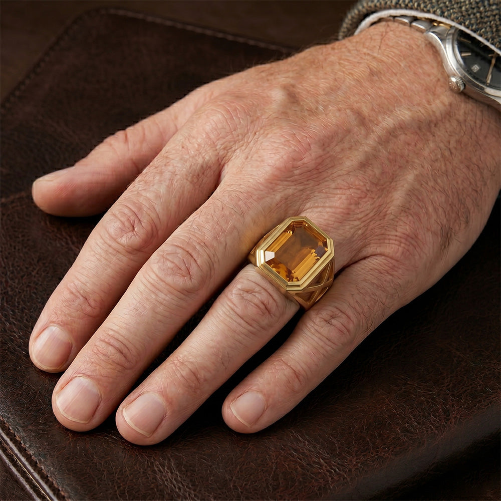 Uomo Fine Citrino Anello Pietra Colorata 10 carati – Oro 14