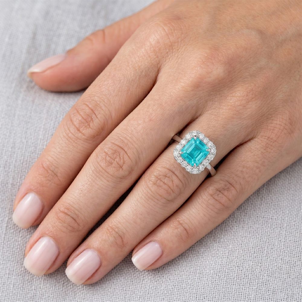 VVS Paraiba Neon Anello Halo 3,50 carati – Oro Bianco 14K