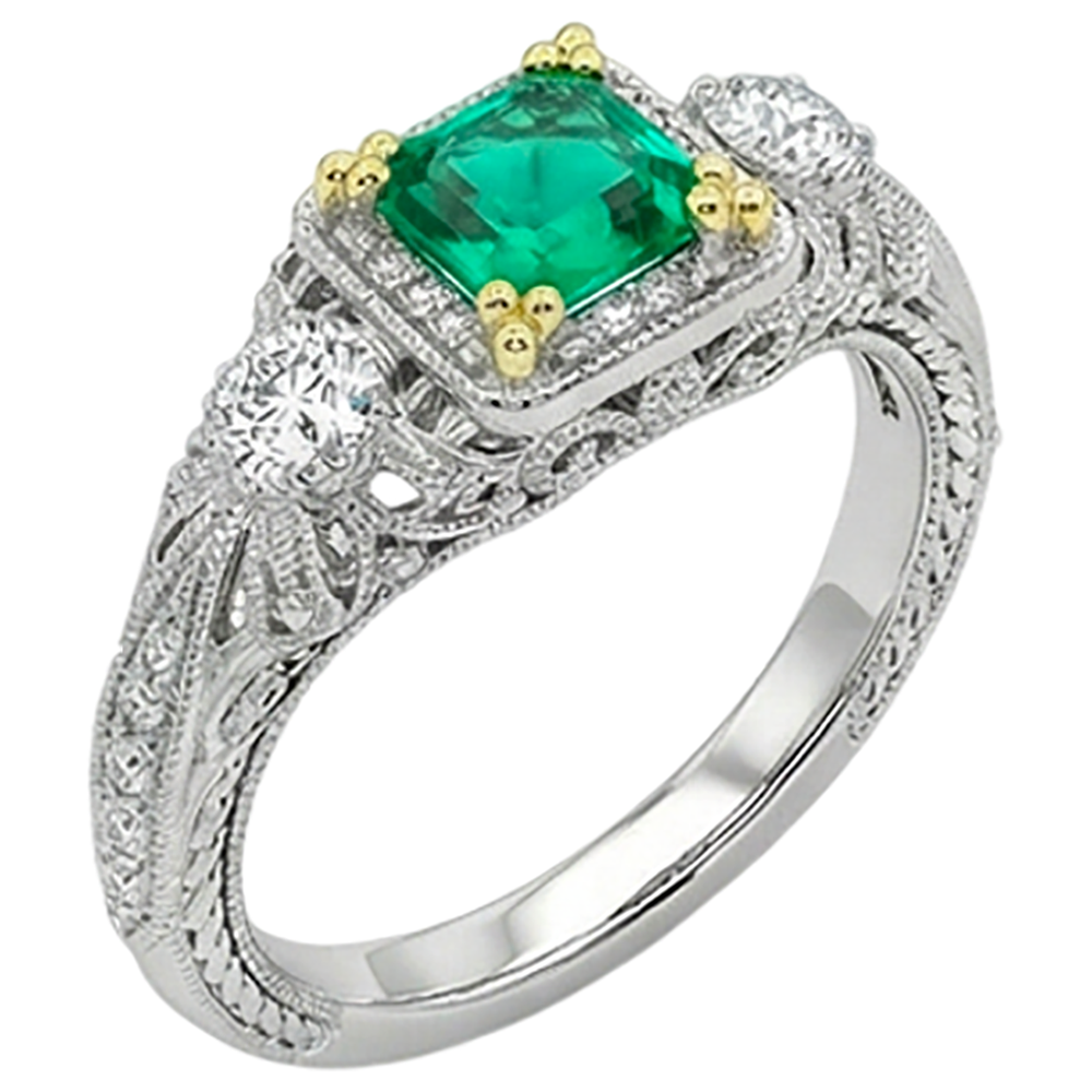 Smeraldo Fine Taglio Asscher Anello con Pietra Preziosa in Oro Due Toni 14K – vista frontale