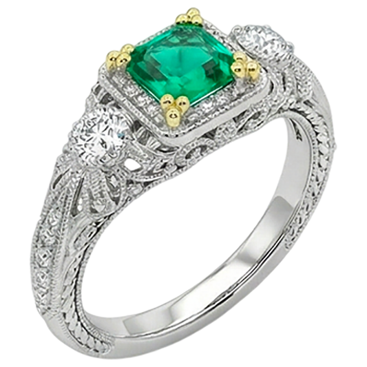 Smeraldo Fine Taglio Asscher Anello con Pietra Preziosa in Oro Due Toni 14K – vista frontale