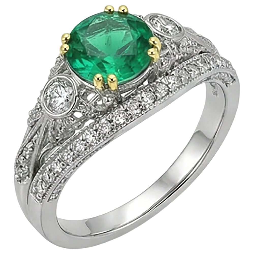 Smeraldo Fine Taglio Brillante Anello con Pietra Preziosa in Oro Bicolore 14K – vista frontale