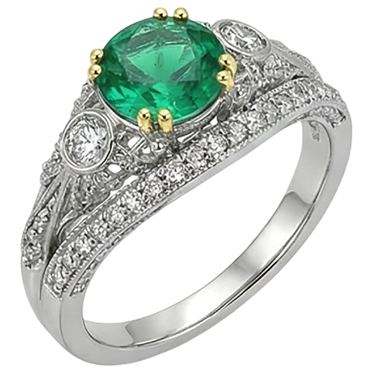 Smeraldo Fine Taglio Brillante Anello con Pietra Preziosa in Oro Bicolore 14K – vista frontale
