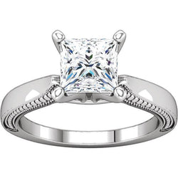 Vintage Style 2 Carati Princess Vero Diamond Anello Solitario Oro Bianco 14K