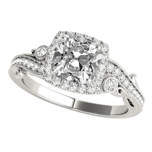Vintage Style Halo Cushion Vecchio Minatore Genuino Diamante Ring 7,75 Carati Milgrain