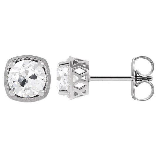 Diamante Cuscino Antico Orecchini a Lobo in Oro Bianco 14K – vista frontale