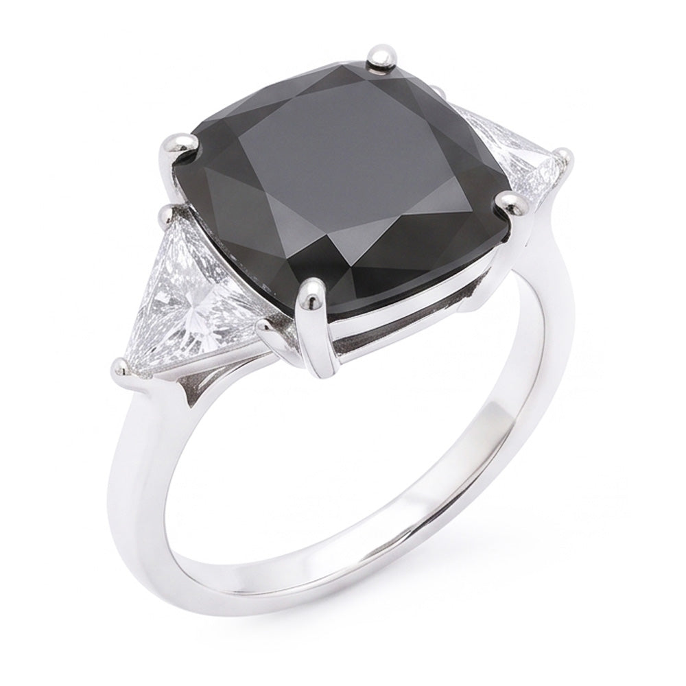 Anello di Fidanzamento Nero da Donna con Diamante Autentico Taglio Cuscino da 3,6 Carati a Tre Pietre Trilliant in Oro Bianco 14K