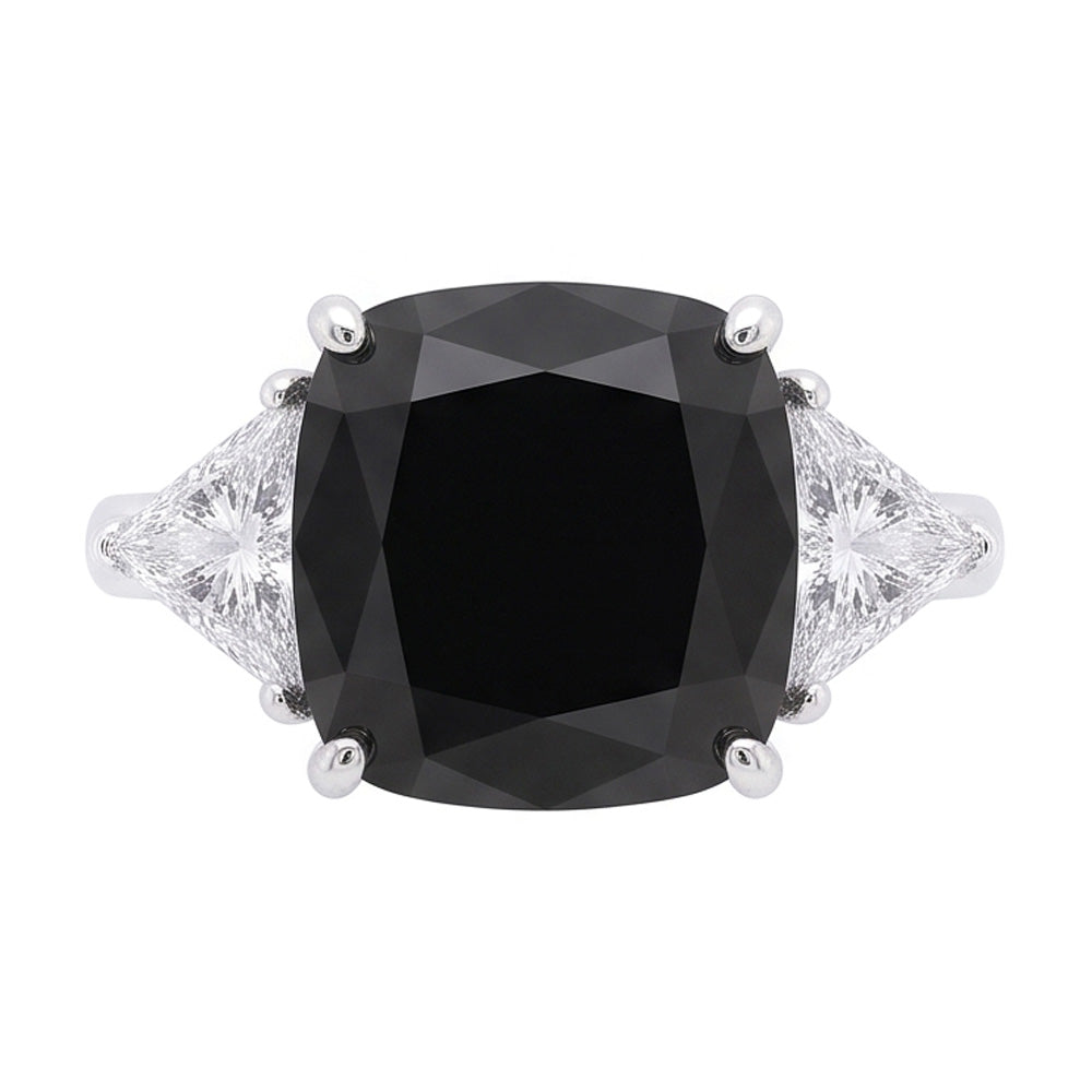 Anello di Fidanzamento Nero da Donna con Diamante Autentico Taglio Cuscino da 3,6 Carati a Tre Pietre Trilliant in Oro Bianco 14K