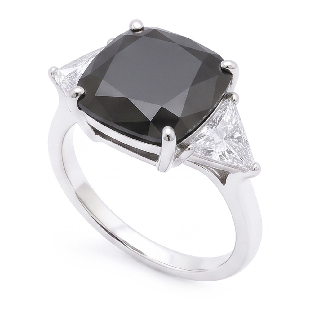 Anello di Fidanzamento Nero da Donna con Diamante Autentico Taglio Cuscino da 3,6 Carati a Tre Pietre Trilliant in Oro Bianco 14K