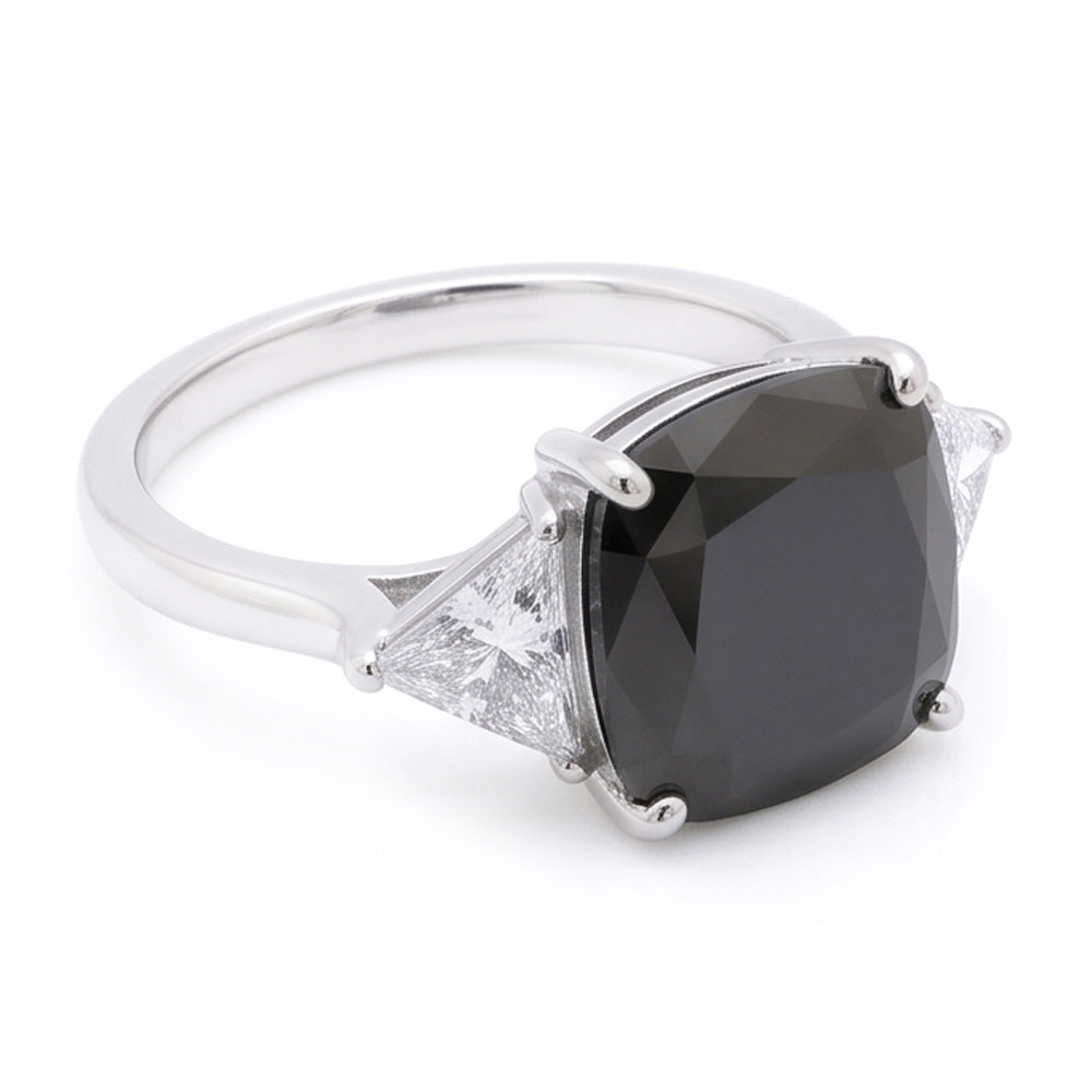 Anello di Fidanzamento Nero da Donna con Diamante Autentico Taglio Cuscino da 3,6 Carati a Tre Pietre Trilliant in Oro Bianco 14K